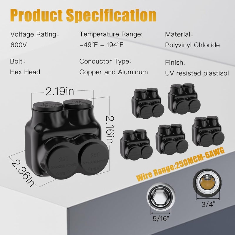 STARELO 6PCS 2 Port Insulated Connector, Single-Sided Splice, Multi Tap Cable Connector for Copper and Aluminum Wires, Slotted Hex, Black Vinyl Coated, Pre-Filled Oxide Inhibitor (250MCM-6AWG) - Image 2